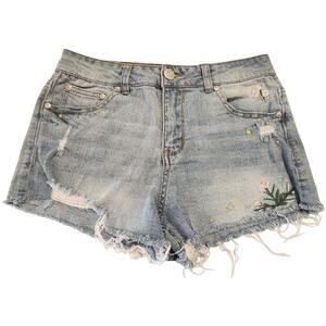 Almost Famous Womens Shorts Denim High Rise Cut Off Distress Floral Embroidery